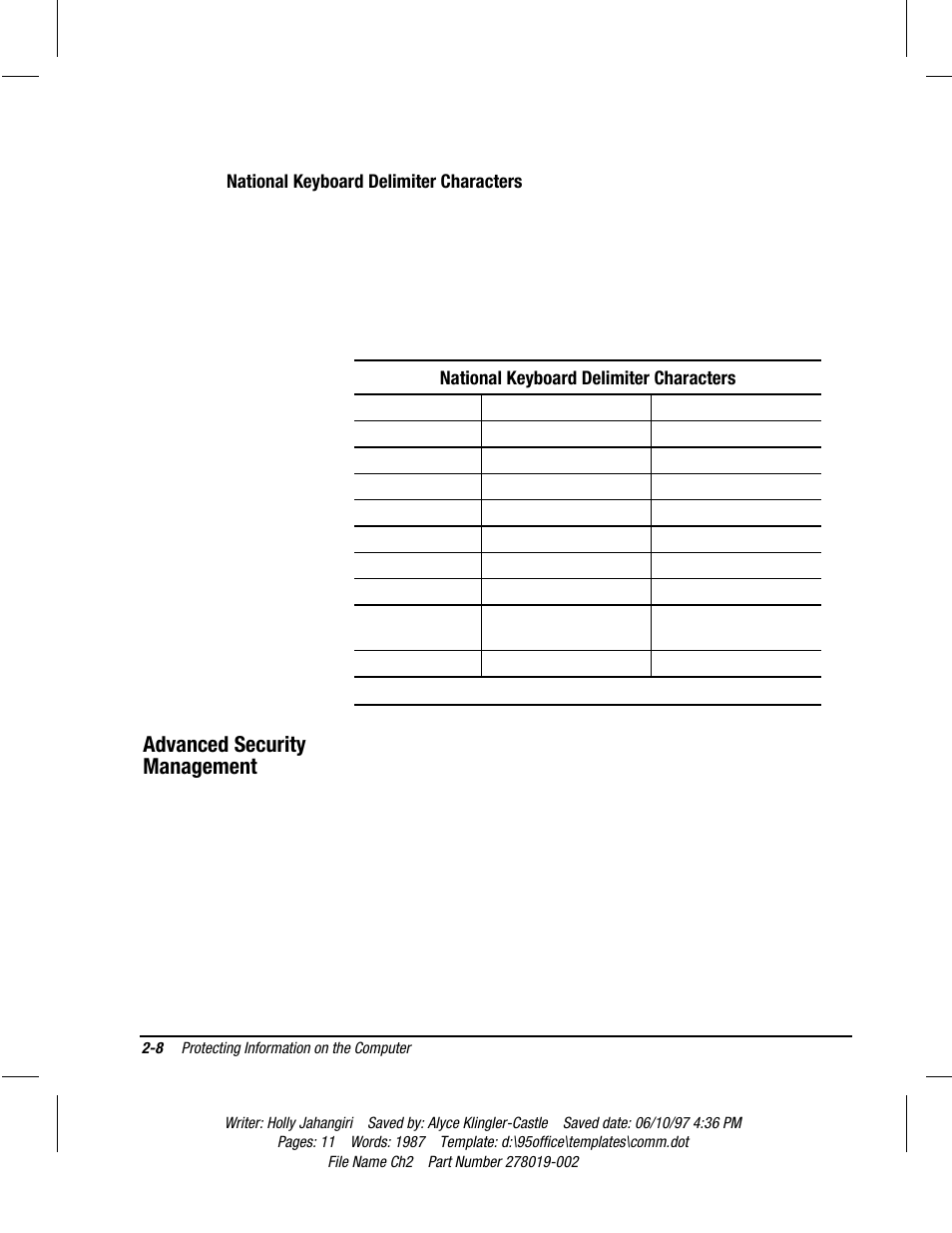 National keyboard delimiter characters, Advanced security management | Compaq Deskpro 2000 Series User Manual | Page 32 / 192