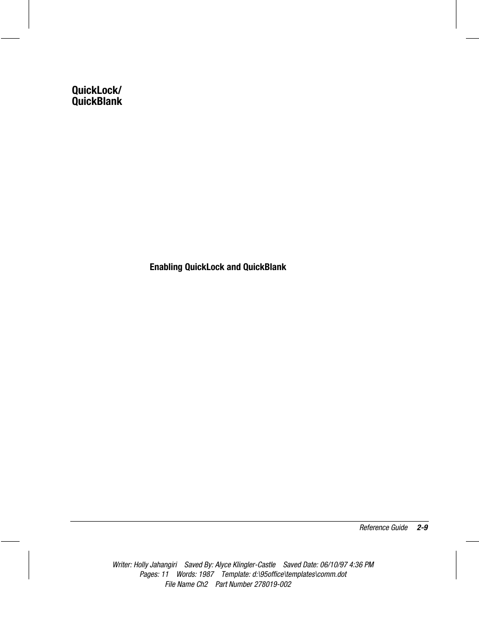 Quicklock/quickblank, Enabling quicklock and quickblank, Quicklock/ quickblank | Compaq Deskpro 2000 Series User Manual | Page 33 / 192