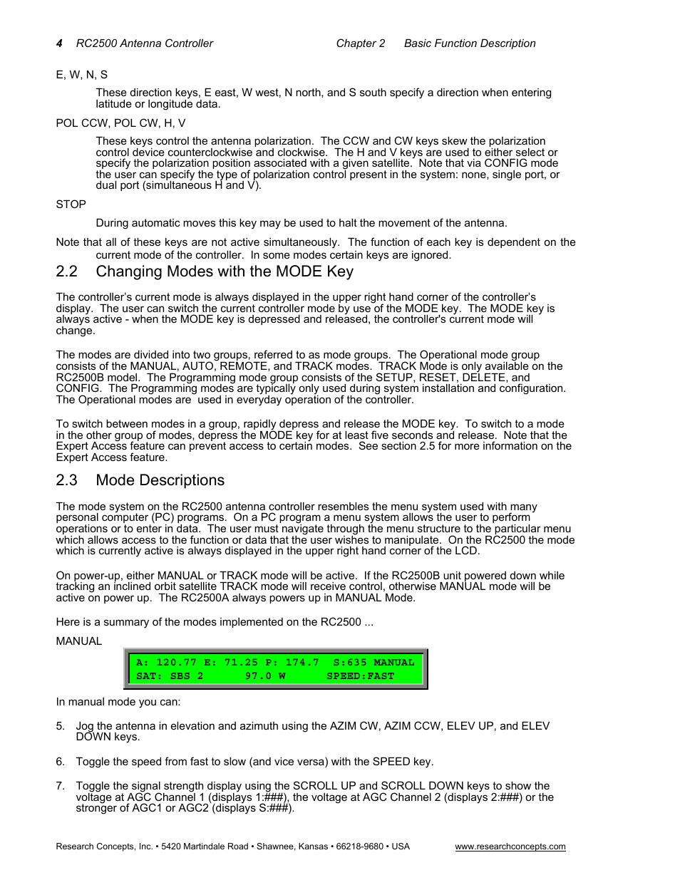 2 changing modes with the mode key, 3 mode descriptions, Changing modes with the mode key | Mode descriptions | Research Concepts RC2500 User Manual | Page 11 / 181