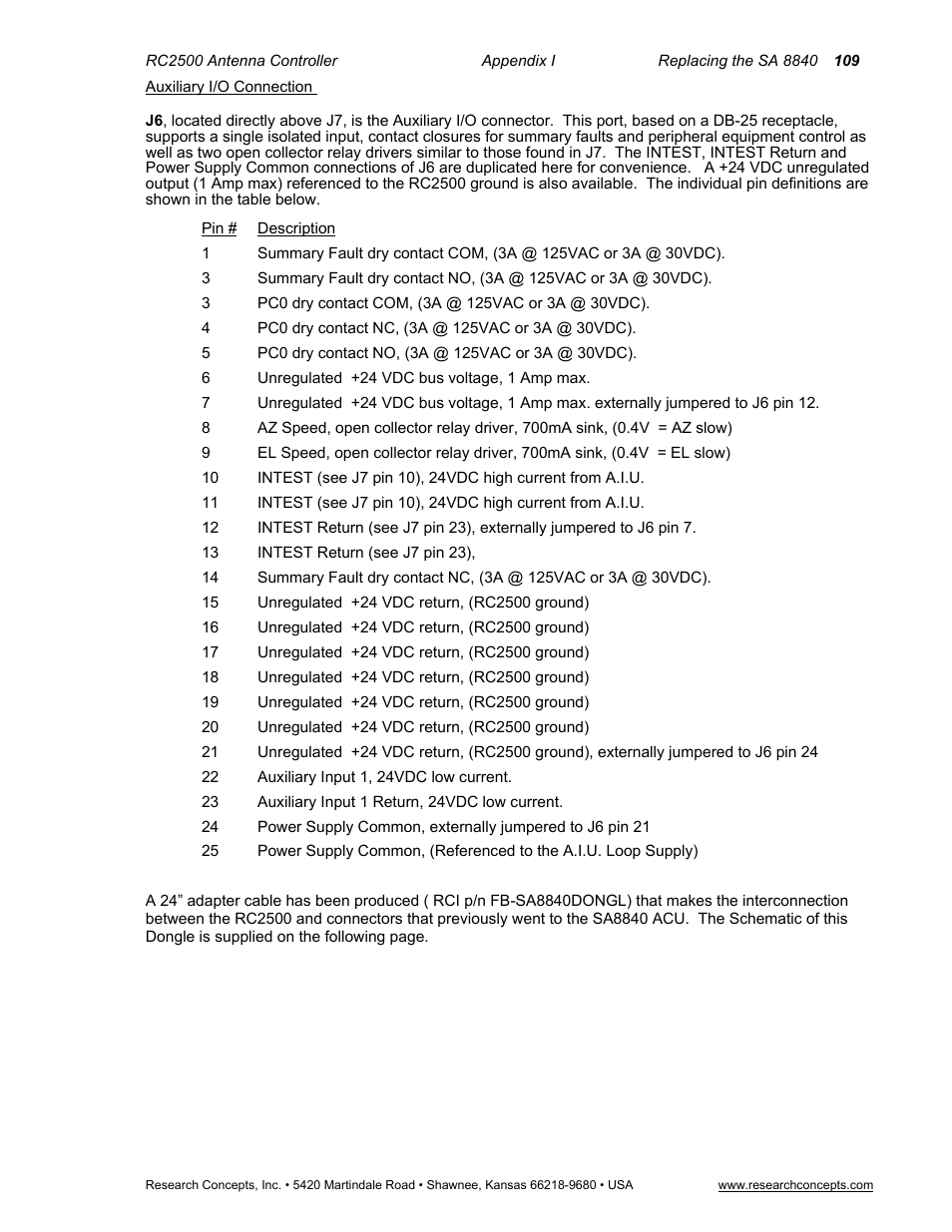 Auxiliary i/o connection | Research Concepts RC2500 User Manual | Page 116 / 181