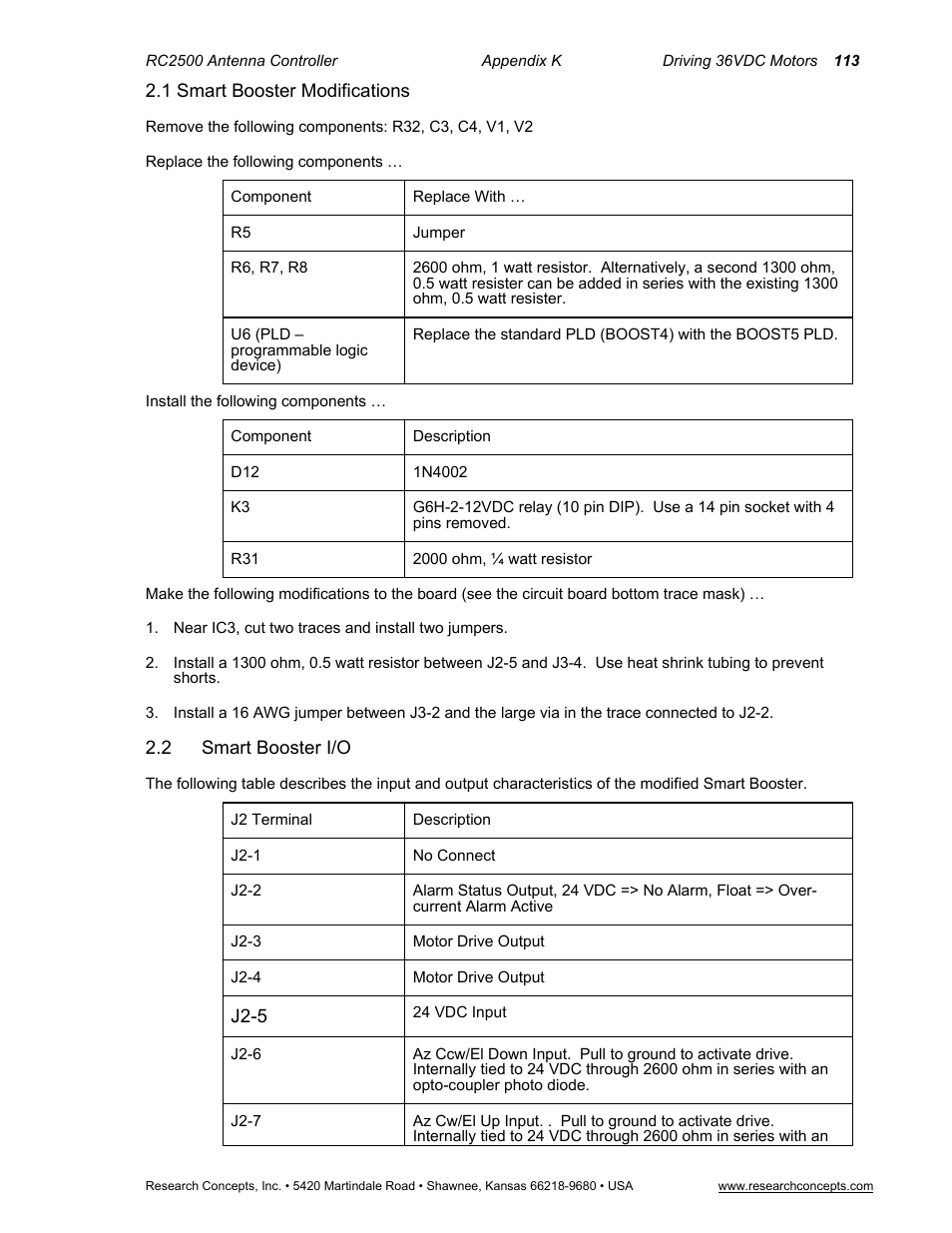 1 smart booster modifications, 2 smart booster i/o, Smart booster i/o | Smart booster documentation, 0 rc2500 interface to the aiu | Research Concepts RC2500 User Manual | Page 120 / 181