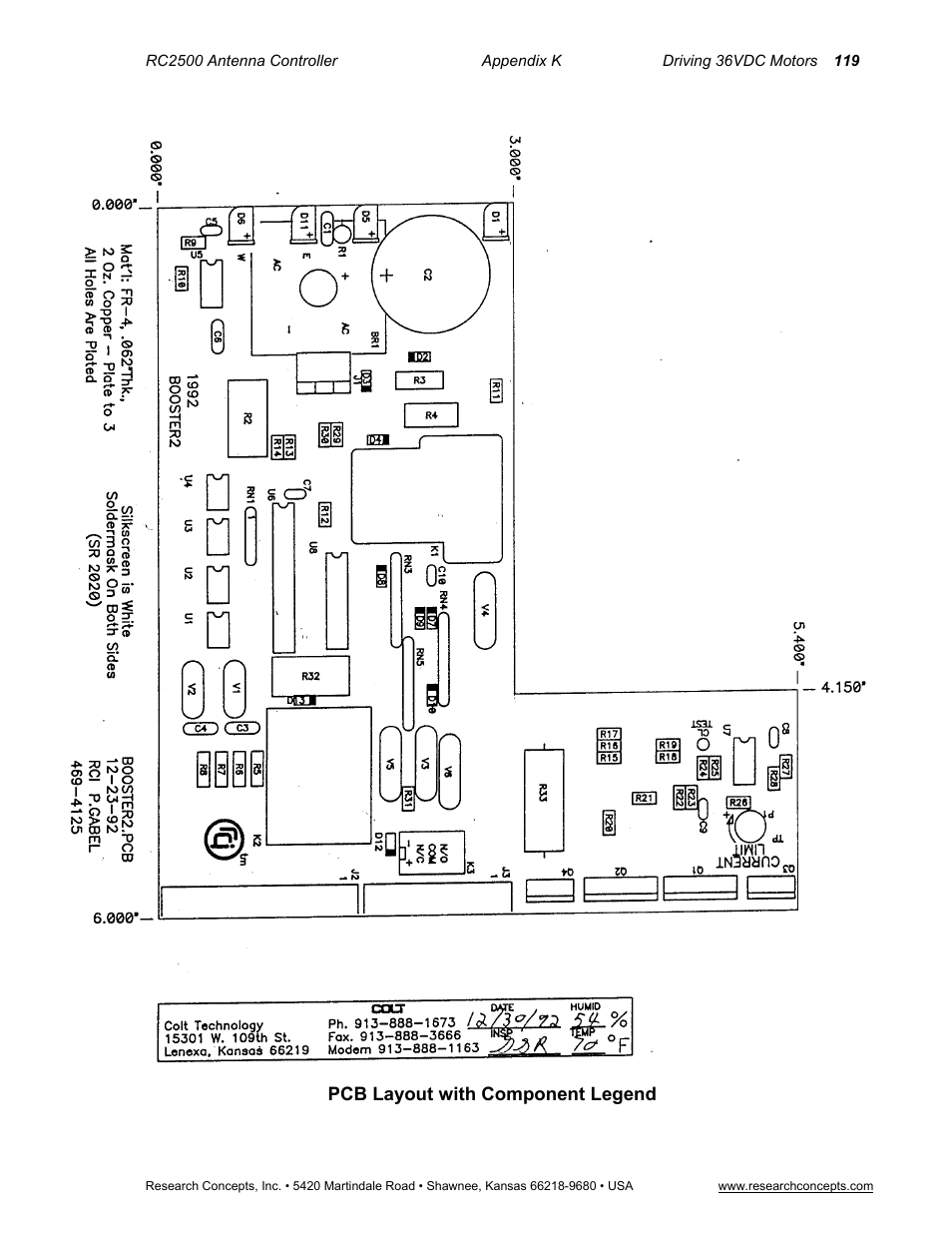 Pcb layout with component legend | Research Concepts RC2500 User Manual | Page 126 / 181