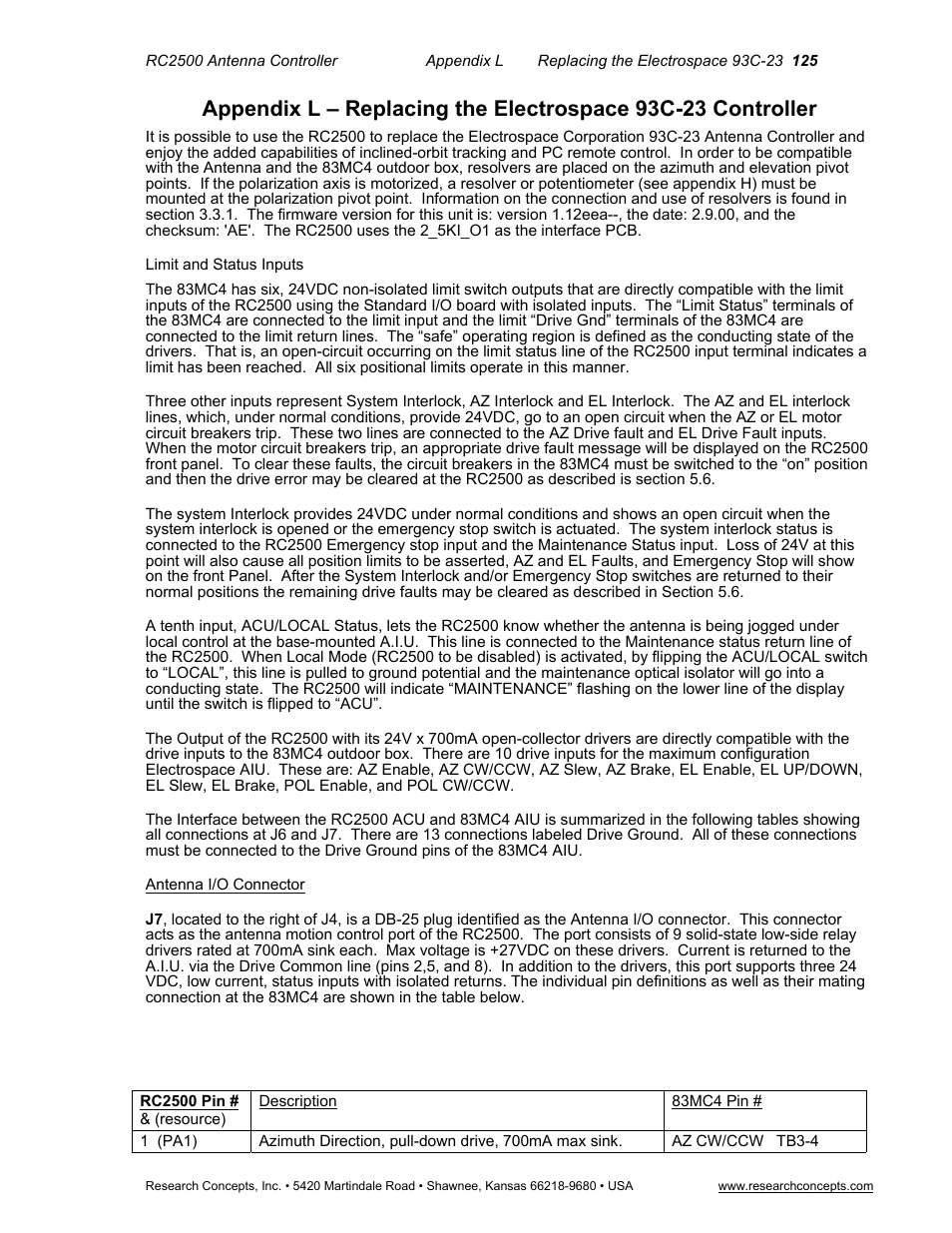 Appendix l – replacing the electrospace 93c-23 co, Antenna i/o connector | Research Concepts RC2500 User Manual | Page 132 / 181