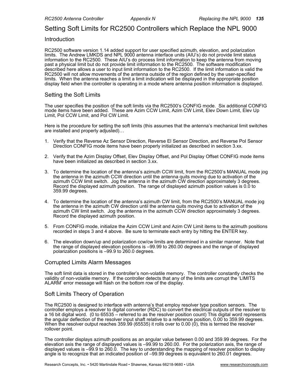 Introduction, Setting the soft limits, Corrupted limits alarm messages | Soft limits theory of operation | Research Concepts RC2500 User Manual | Page 142 / 181