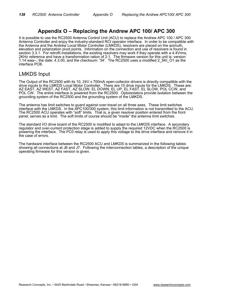 Appendix o – replacing the andrew apc 100/ apc 30, Lmkds input, Appendix o – replacing the andrew apc 100/ apc 300 | Research Concepts RC2500 User Manual | Page 145 / 181