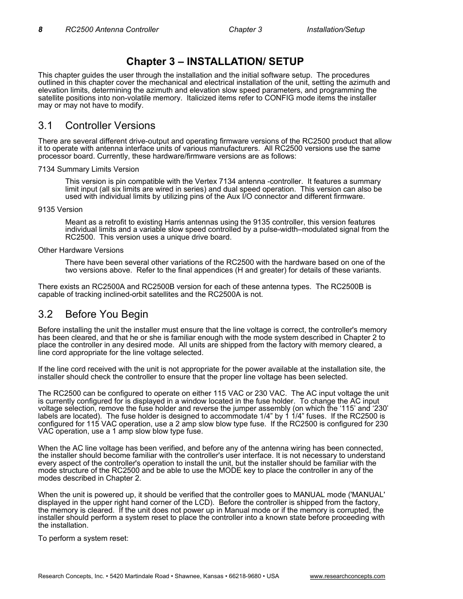 Chapter 3 – installation/ setup, 1 controller versions, 2 before you begin | Controller versions, Before you begin | Research Concepts RC2500 User Manual | Page 15 / 181