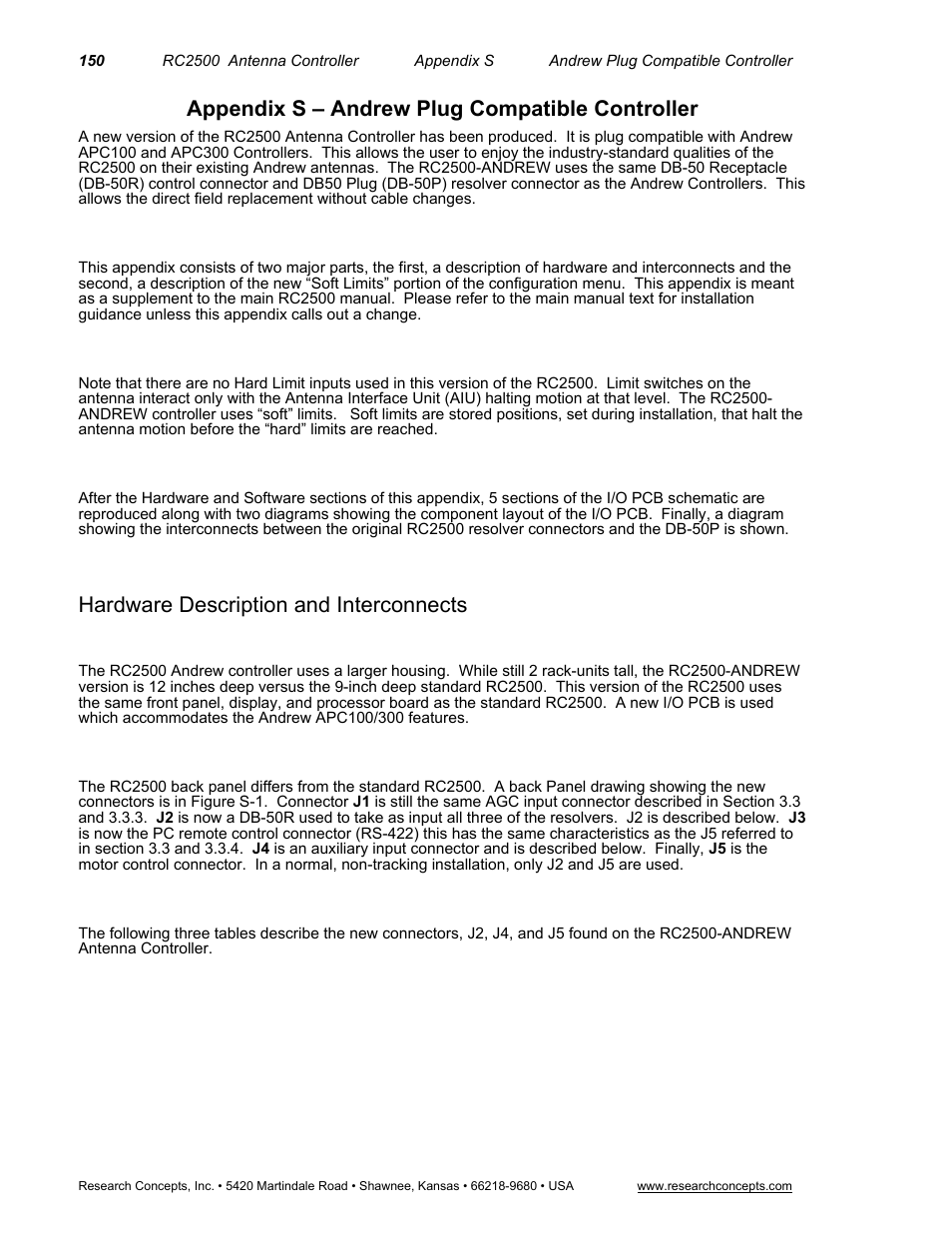 Appendix s – andrew plug compatible controller, Hardware description and interconnects | Research Concepts RC2500 User Manual | Page 157 / 181