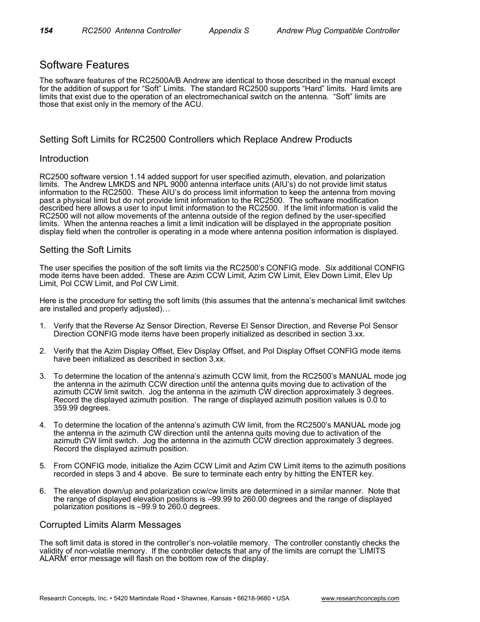 Software features, Introduction, Setting the soft limits | Corrupted limits alarm messages | Research Concepts RC2500 User Manual | Page 161 / 181