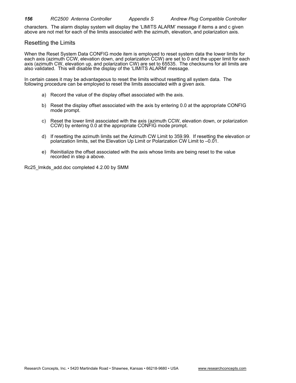 Resetting the limits | Research Concepts RC2500 User Manual | Page 163 / 181