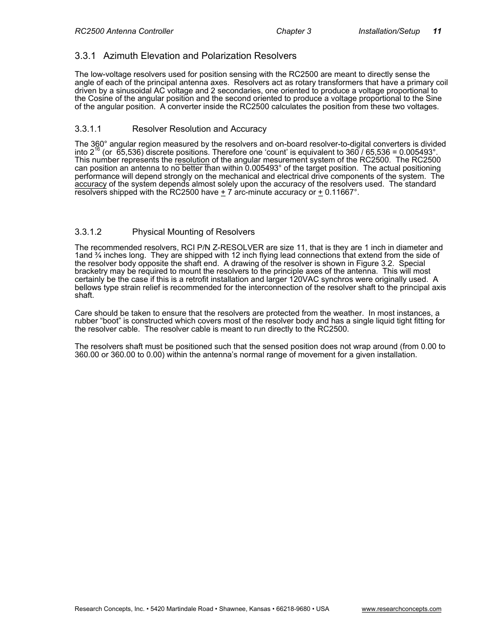 1 azimuth elevation and polarization resolvers, 1resolver resolution and accuracy, 2physical mounting of resolvers | Azimuth elevation and polarization resolvers, 1 resolver resolution and accuracy, 2 physical mounting of resolvers | Research Concepts RC2500 User Manual | Page 18 / 181