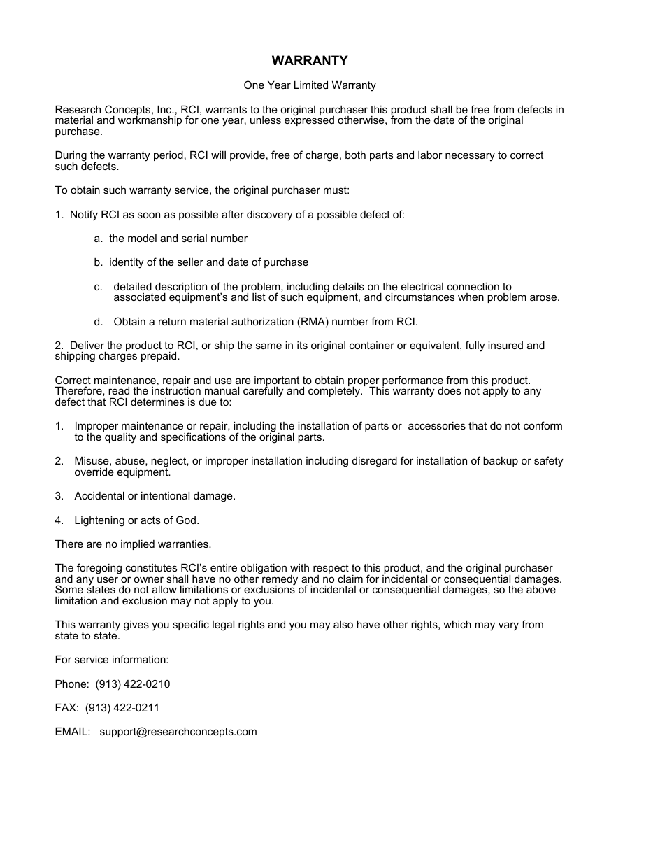 Warranty | Research Concepts RC2500 User Manual | Page 2 / 181