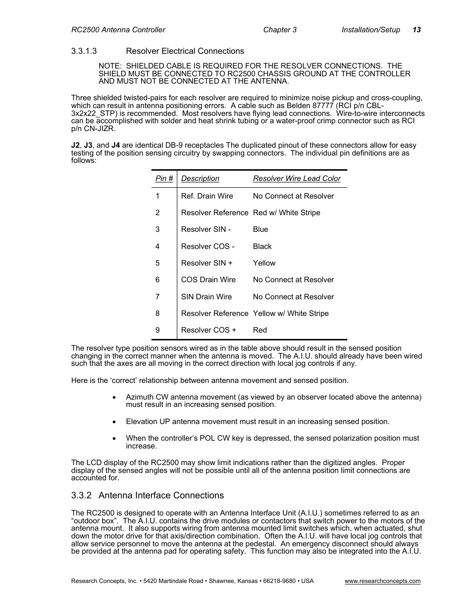3resolver electrical connections, 2 antenna interface connections, 3 resolver electrical connections | Antenna interface connections | Research Concepts RC2500 User Manual | Page 20 / 181