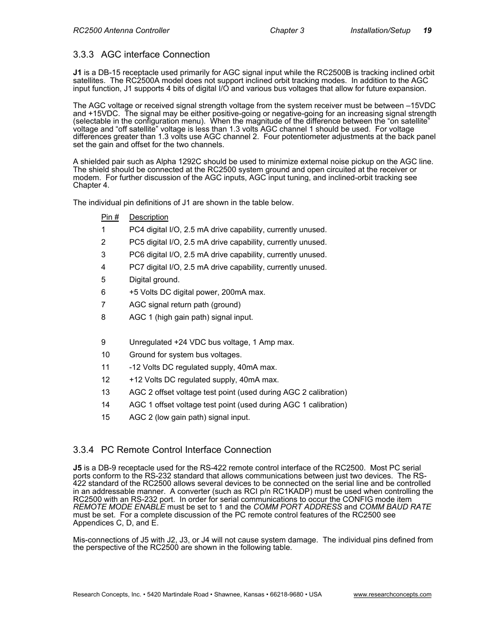 3 agc interface connection, 4 pc remote control interface connection, Agc interface connection | Pc remote control interface connection | Research Concepts RC2500 User Manual | Page 26 / 181