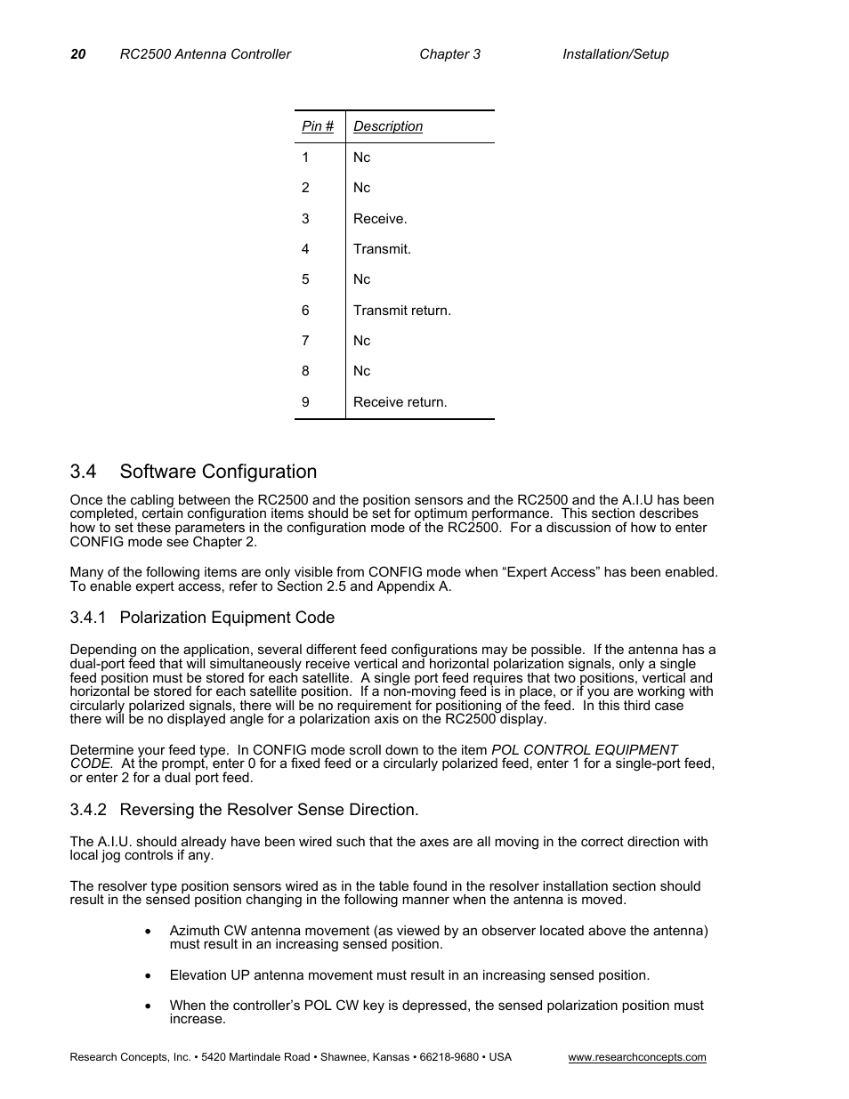 4 software configuration, 1polarization equipment code, 2reversing the resolver sense direction | Software configuration, Polarization equipment code, Reversing the resolver sense direction | Research Concepts RC2500 User Manual | Page 27 / 181