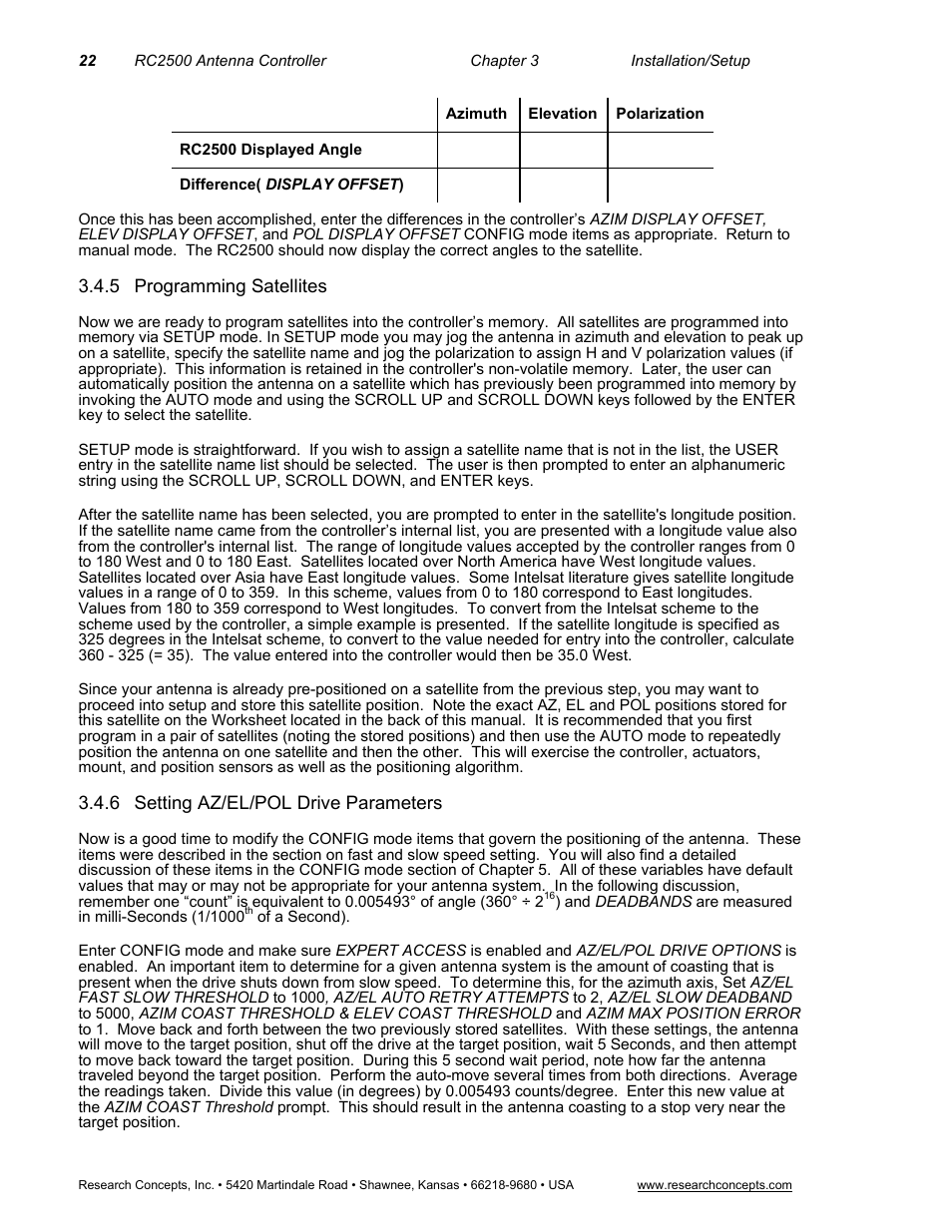 5programming satellites, 6setting az/el/pol drive parameters, Programming satellites | Setting az/el/pol drive parameters | Research Concepts RC2500 User Manual | Page 29 / 181