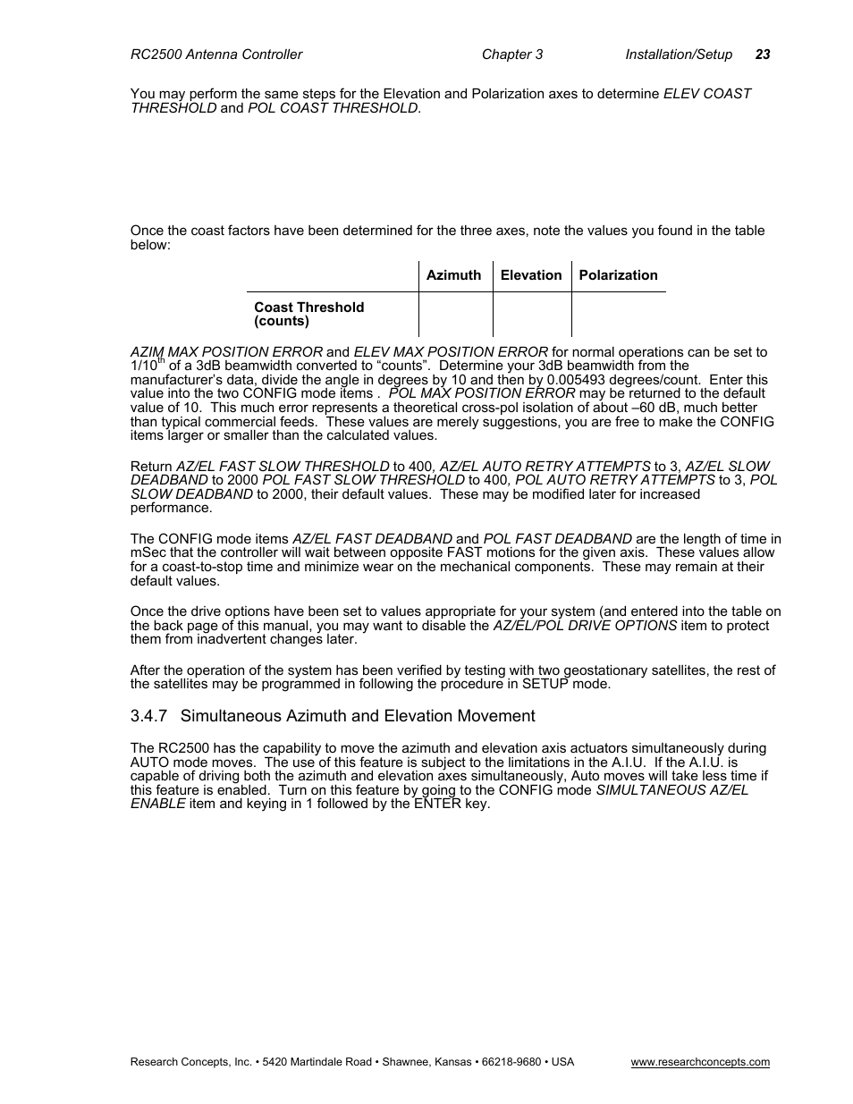 7simultaneous azimuth and elevation movement, Simultaneous azimuth and elevation movement | Research Concepts RC2500 User Manual | Page 30 / 181