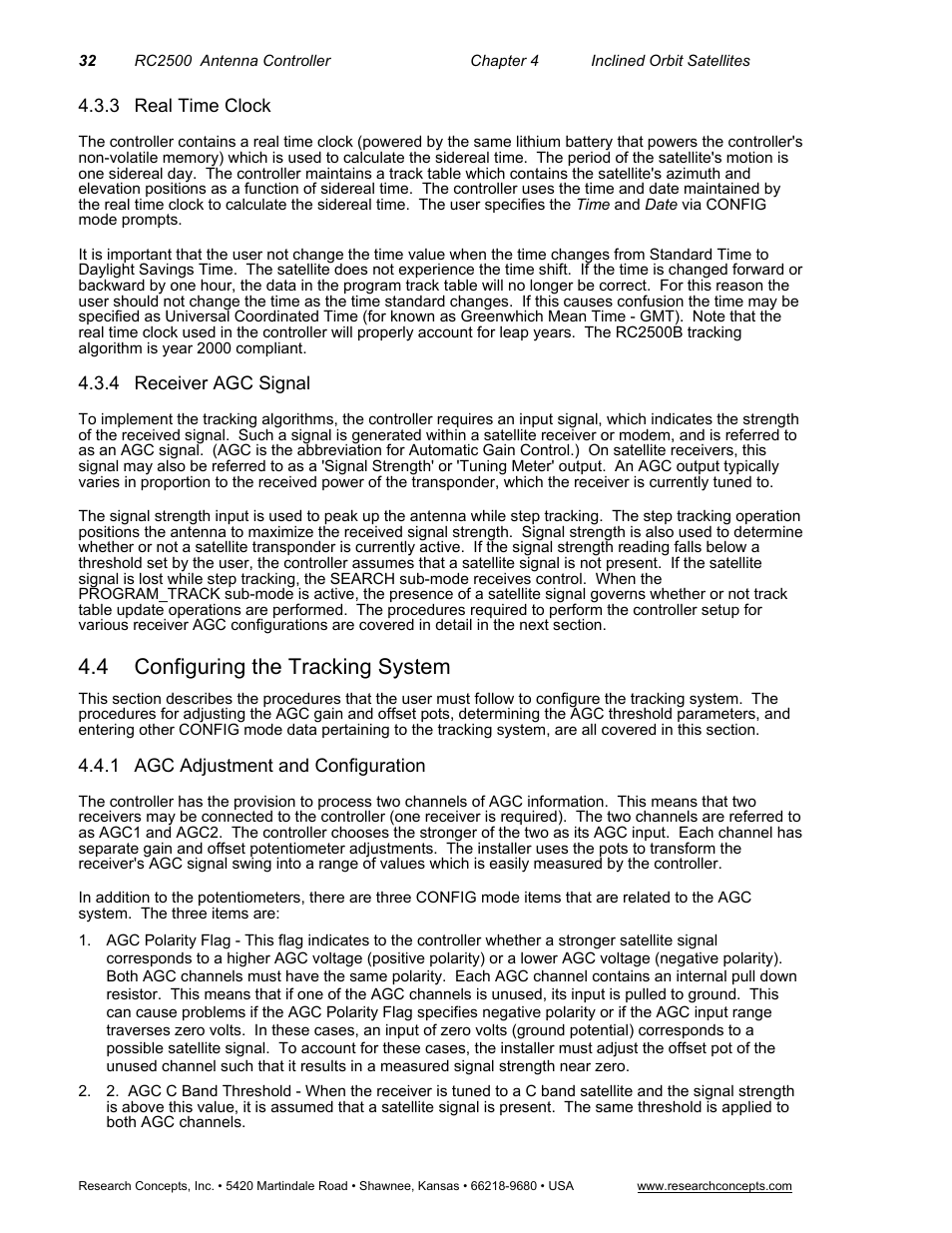 3real time clock, 4receiver agc signal, 4 configuring the tracking system | 1 agc adjustment and configuration, Real time clock, Receiver agc signal, Configuring the tracking system, Agc adjustment and configuration | Research Concepts RC2500 User Manual | Page 39 / 181