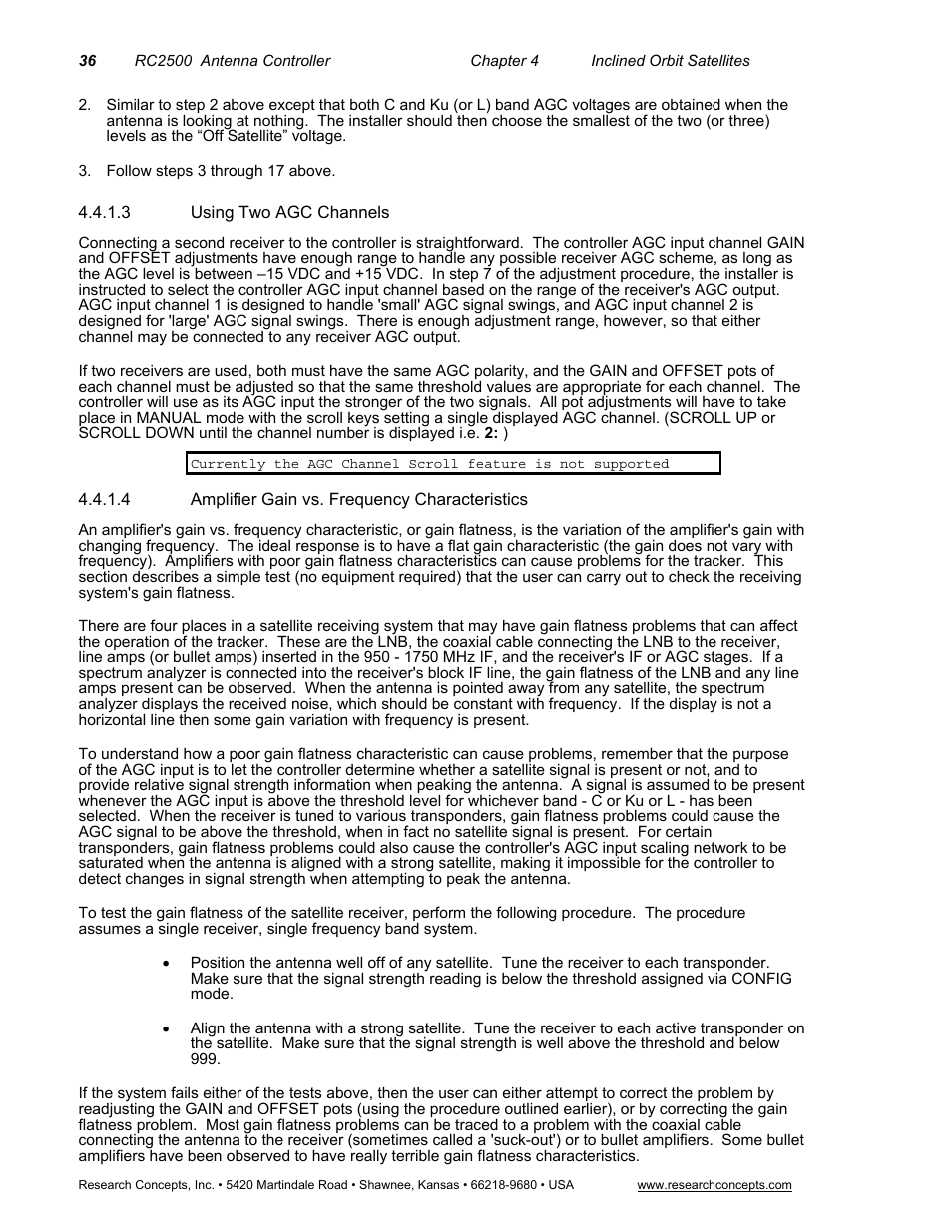 3 using two agc channels, 4 amplifier gain vs. frequency characteristics | Research Concepts RC2500 User Manual | Page 43 / 181