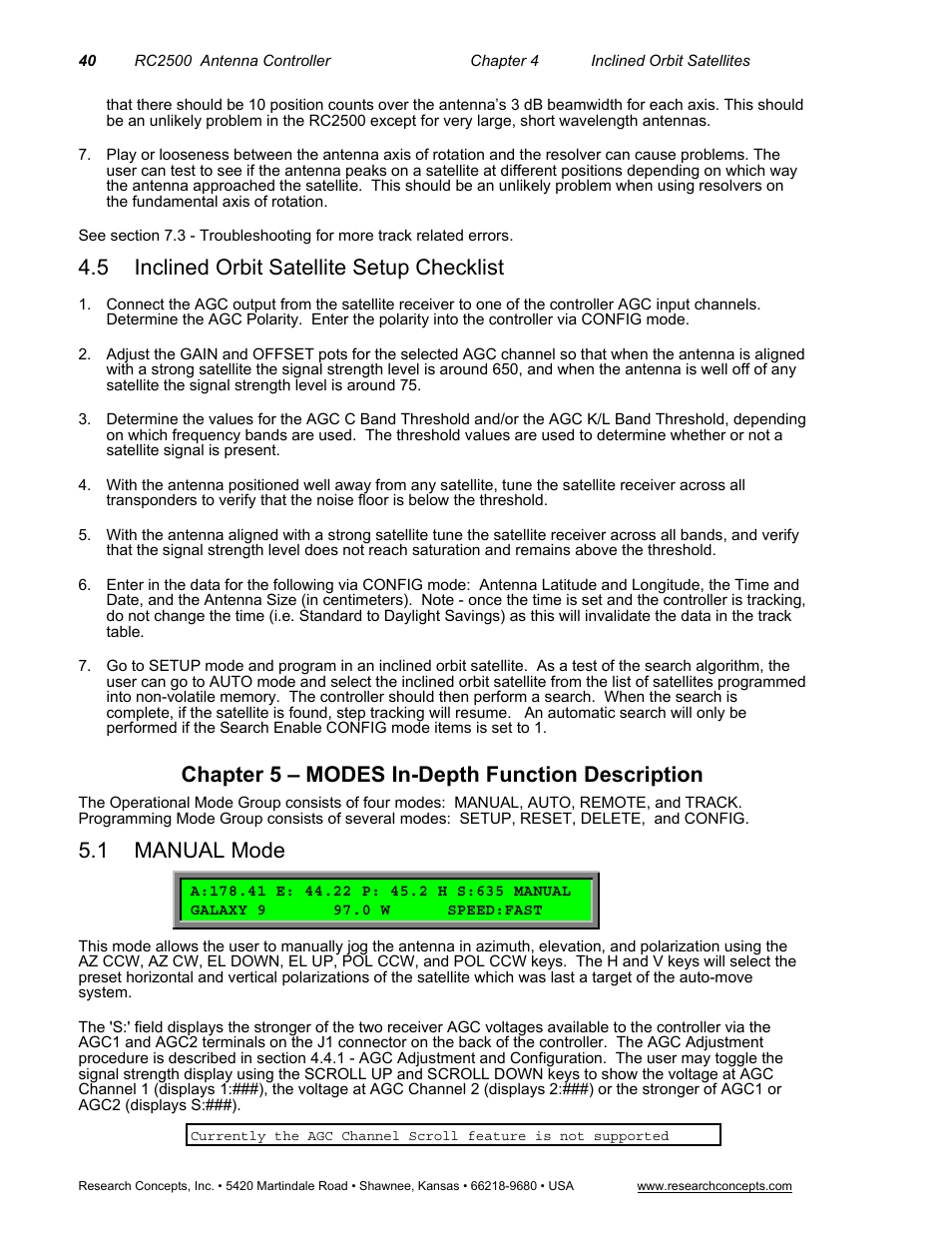 5 inclined orbit satellite setup checklist, Chapter 5 – modes in-depth function description, 1 manual mode | Inclined orbit satellite setup checklist, Manual mode | Research Concepts RC2500 User Manual | Page 47 / 181