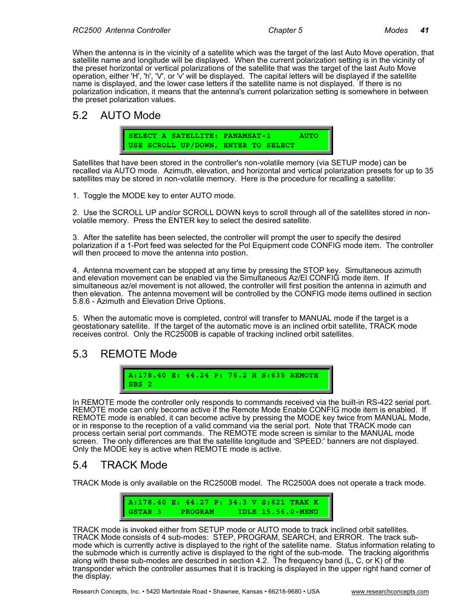 2 auto mode, 3 remote mode, Track mode | Auto mode, Remote mode, 4 track mode | Research Concepts RC2500 User Manual | Page 48 / 181