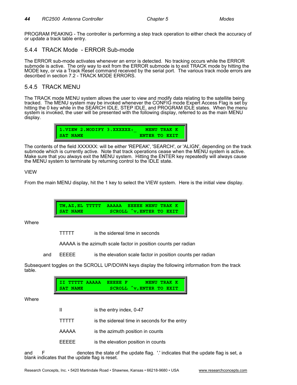 4 track mode - error sub-mode, 5 track menu, Track mode - error sub-mode | Track menu | Research Concepts RC2500 User Manual | Page 51 / 181