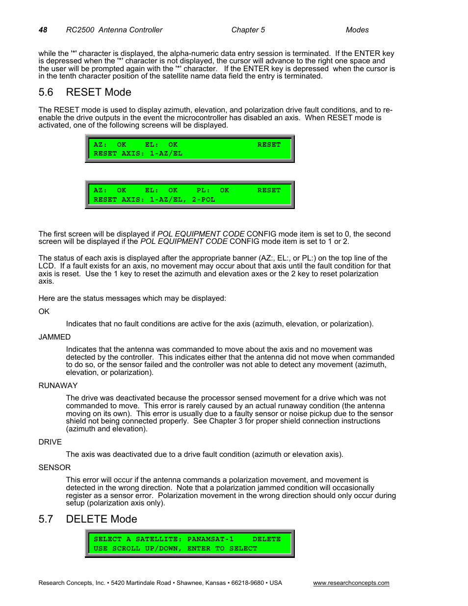 6 reset mode, 7 delete mode, Reset mode | Research Concepts RC2500 User Manual | Page 55 / 181