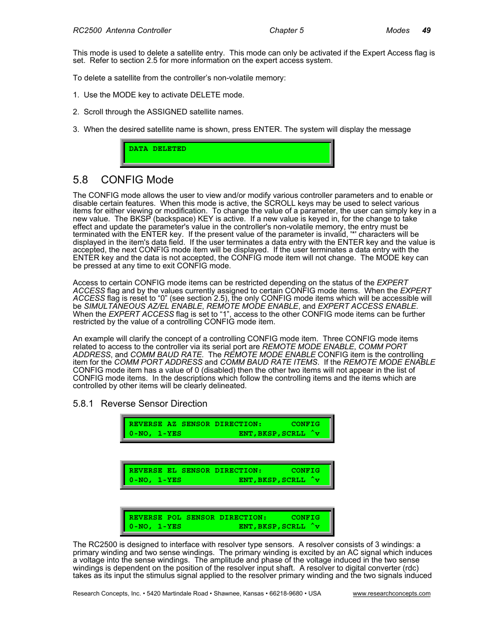 8 config mode, 1 reverse sensor direction, Delete mode | Config mode, Reverse sensor direction | Research Concepts RC2500 User Manual | Page 56 / 181