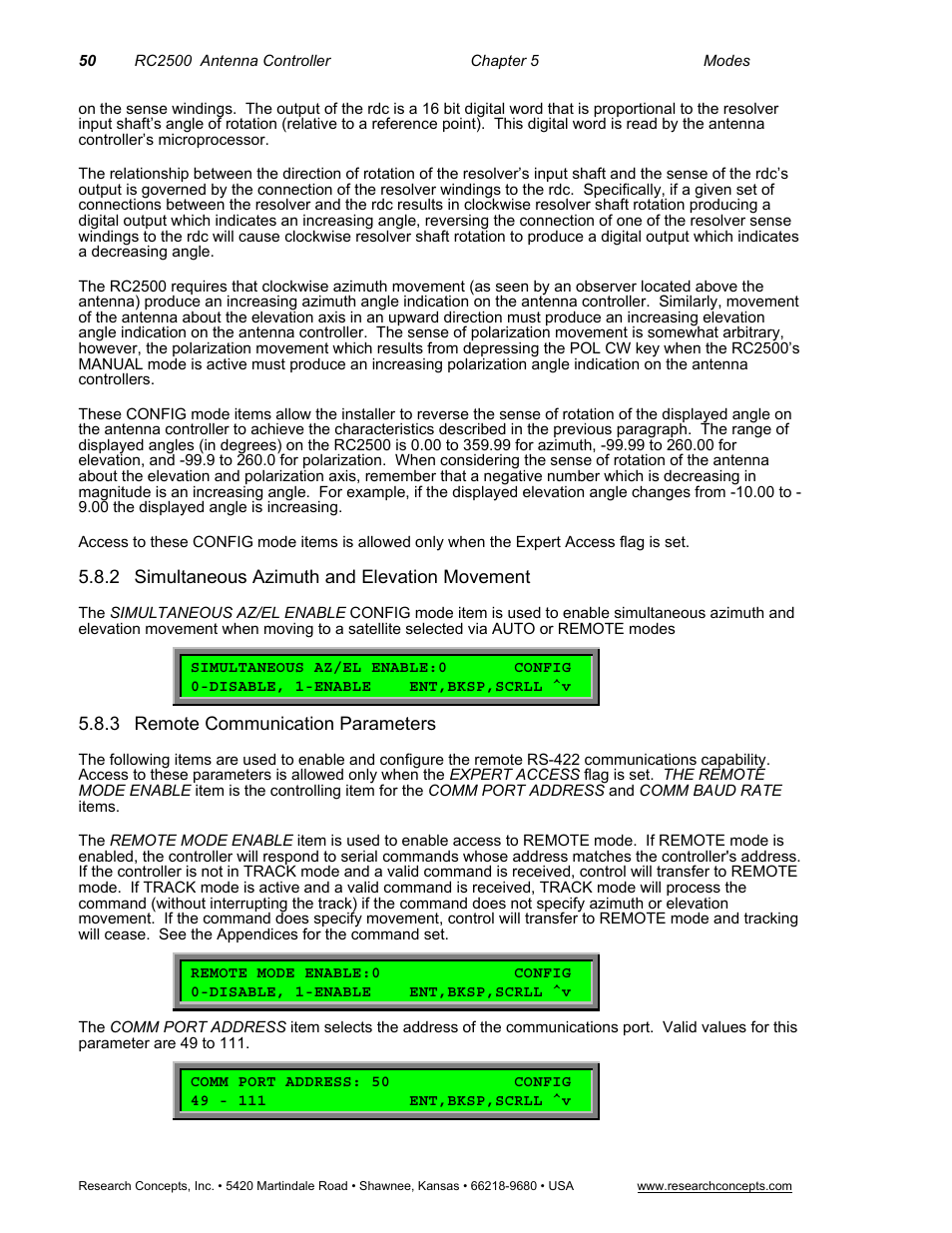 2 simultaneous azimuth and elevation movement, 3 remote communication parameters, Simultaneous azimuth and elevation movement | Remote communication parameters | Research Concepts RC2500 User Manual | Page 57 / 181