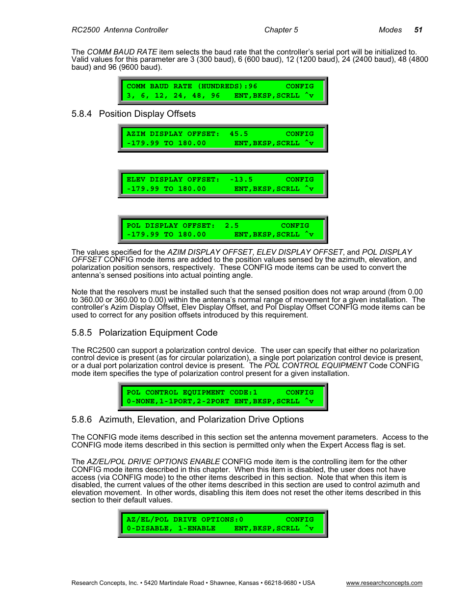 4 position display offsets, 5 polarization equipment code, Position display offsets | Polarization equipment code, Azimuth, elevation, and polarization drive options | Research Concepts RC2500 User Manual | Page 58 / 181