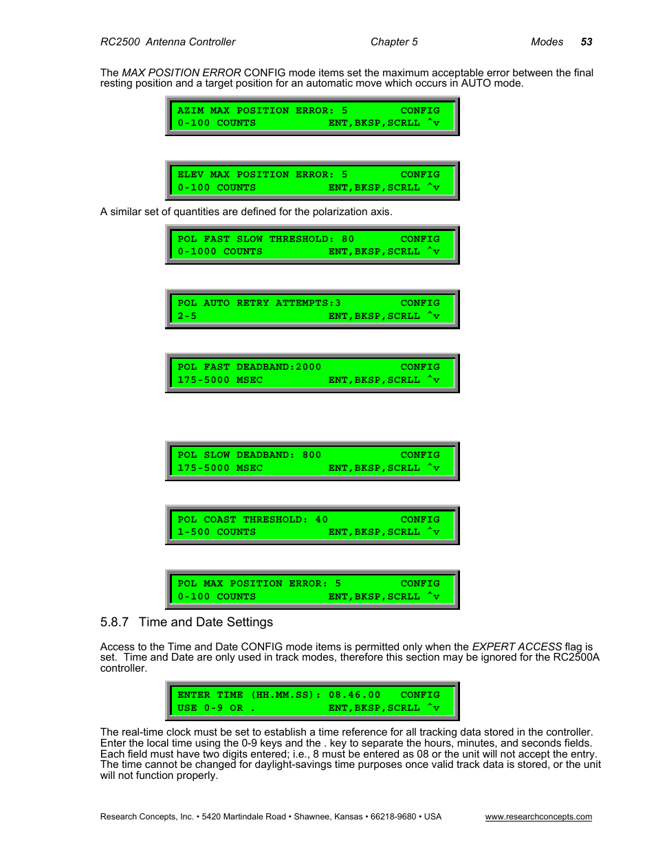 7 time and date settings, Time and date settings | Research Concepts RC2500 User Manual | Page 60 / 181
