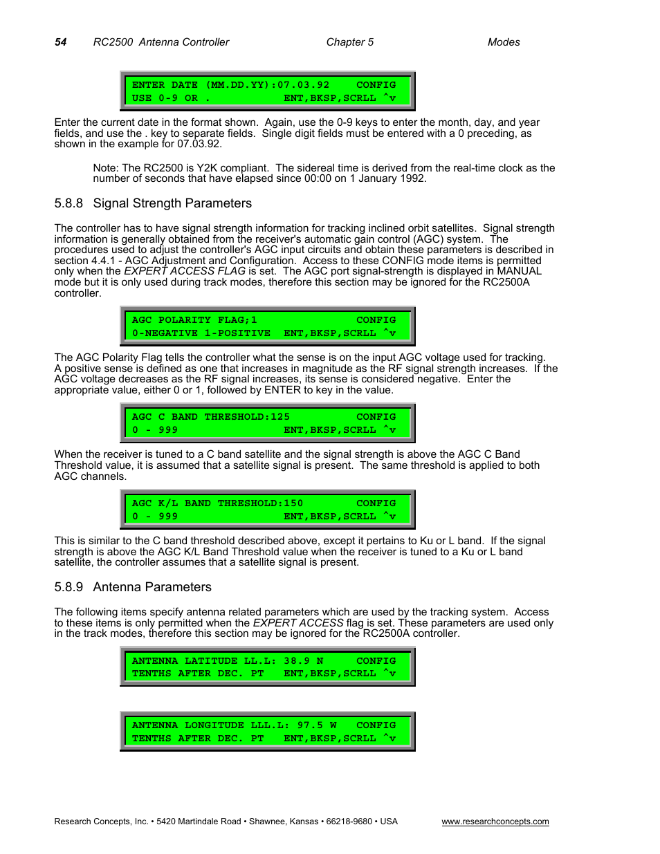 8 signal strength parameters, 9 antenna parameters, Signal strength parameters | Antenna parameters | Research Concepts RC2500 User Manual | Page 61 / 181