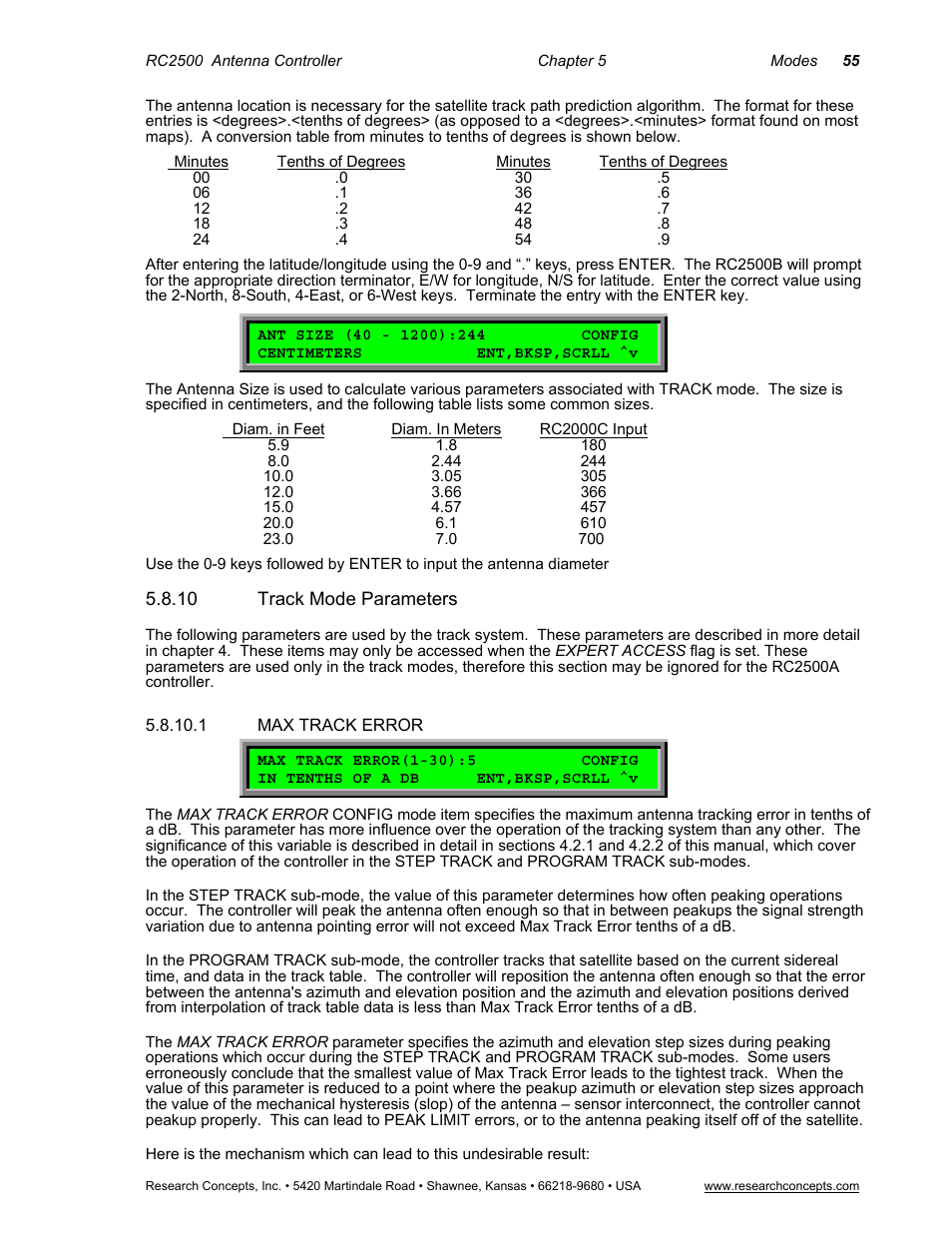 10 track mode parameters, 1 max track error, Track mode parameters | Max track error | Research Concepts RC2500 User Manual | Page 62 / 181