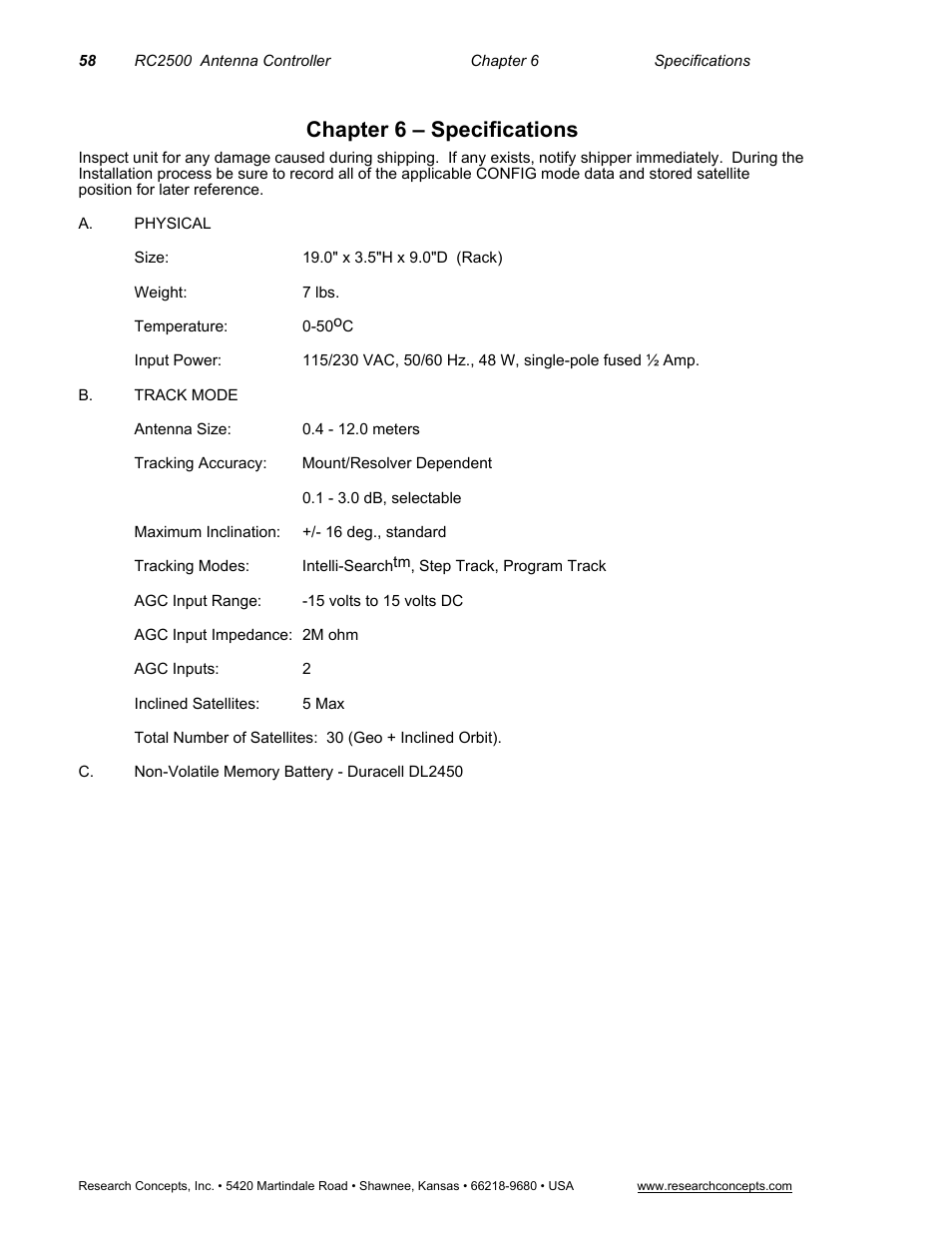 Chapter 6 – specifications | Research Concepts RC2500 User Manual | Page 65 / 181