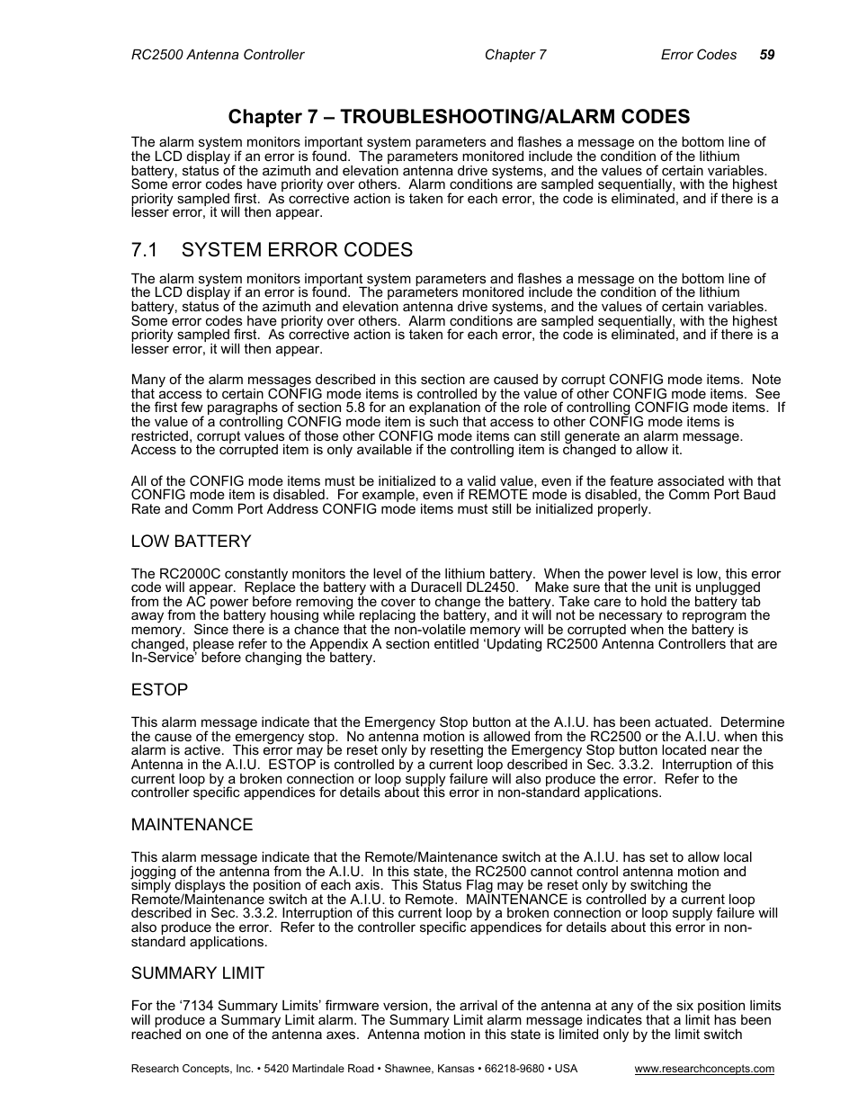 Chapter 7 – troubleshooting/alarm codes, 1 system error codes, Low battery | Estop, Maintenance, Summary limit, System error codes | Research Concepts RC2500 User Manual | Page 66 / 181