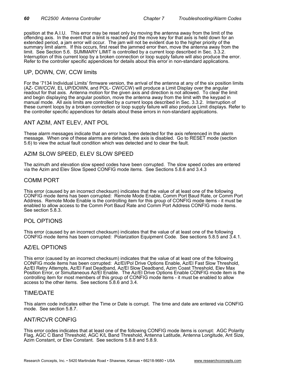 Up, down, cw, ccw limits, Ant azim, ant elev, ant pol, Azim slow speed, elev slow speed | Comm port, Pol options, Az/el options, Time/date, Ant/rcvr config | Research Concepts RC2500 User Manual | Page 67 / 181