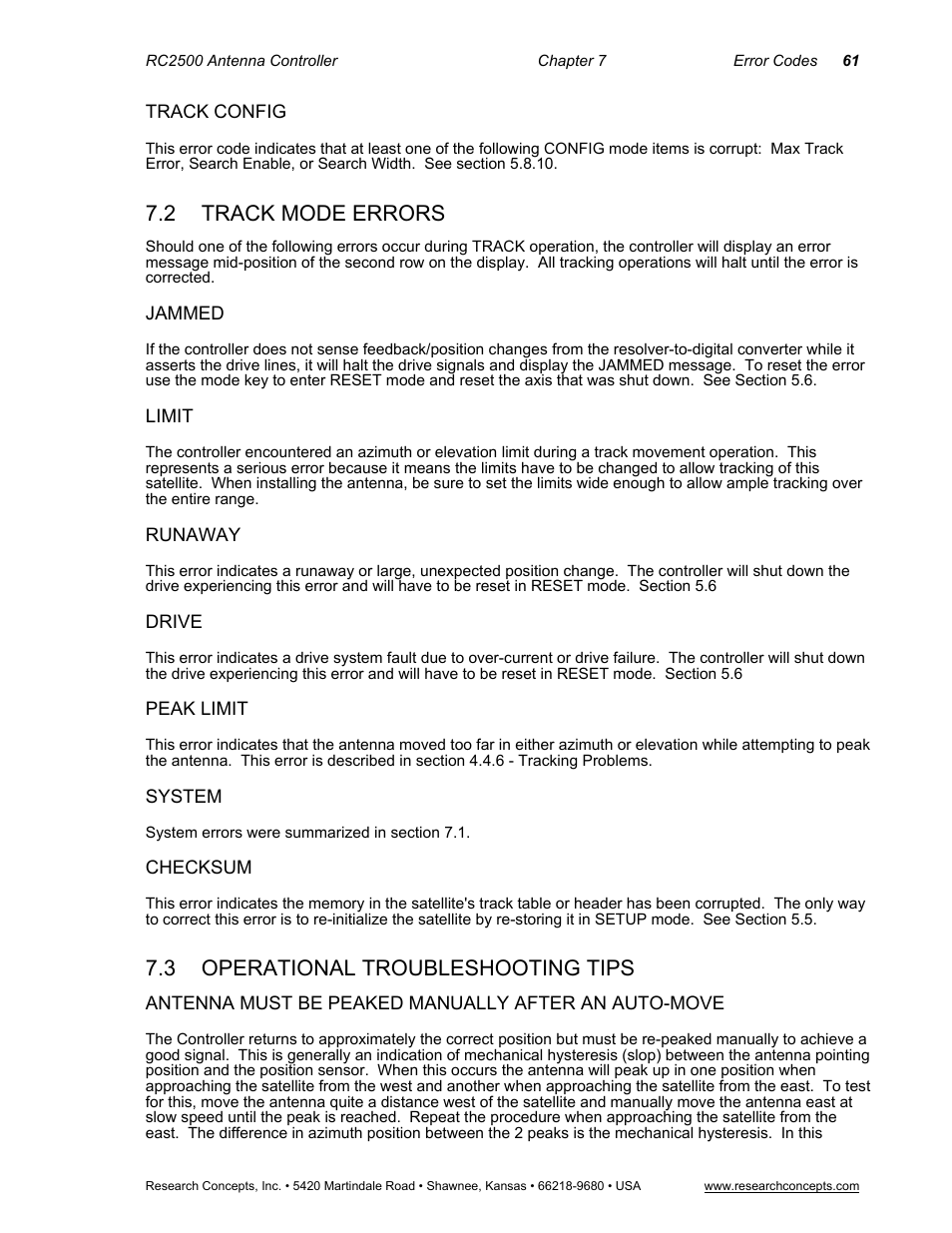 Track config, 2 track mode errors, Jammed | Limit, Runaway, Drive, Peak limit, System, Checksum, 3 operational troubleshooting tips | Research Concepts RC2500 User Manual | Page 68 / 181
