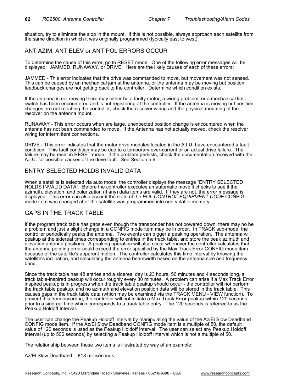 Ant azim, ant elev or ant pol errors occur, Entry selected holds invalid data, Gaps in the track table | Research Concepts RC2500 User Manual | Page 69 / 181