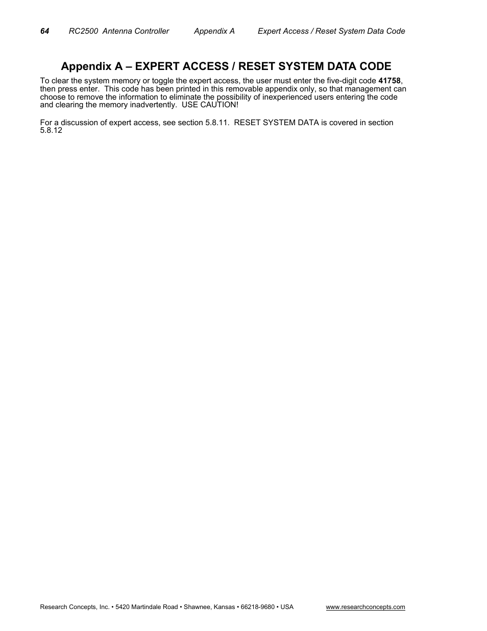 Appendix a – expert access / reset system data co | Research Concepts RC2500 User Manual | Page 71 / 181
