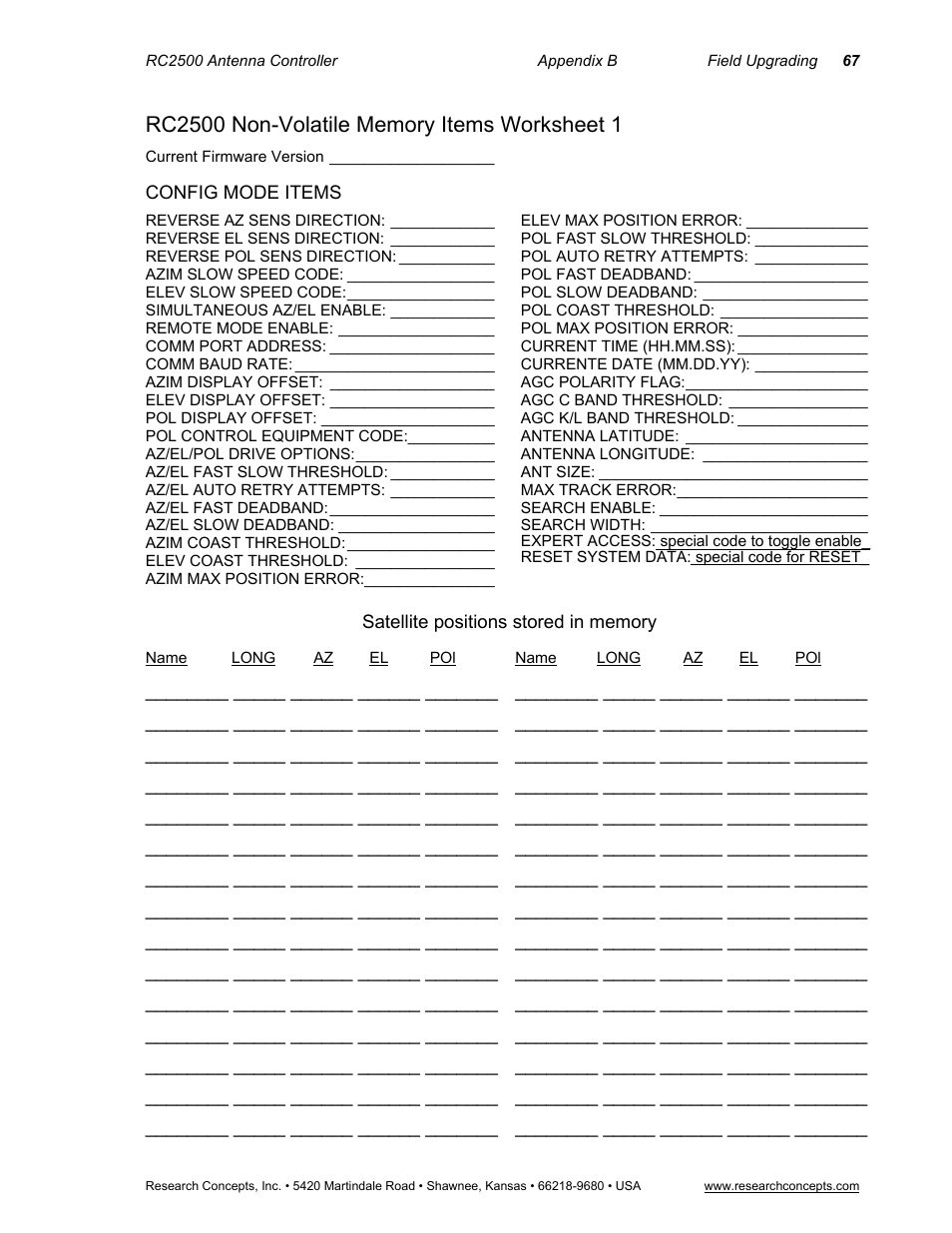 Rc2500 non-volatile memory items worksheet 1, Config mode items, Satellite positions stored in memory | Research Concepts RC2500 User Manual | Page 74 / 181