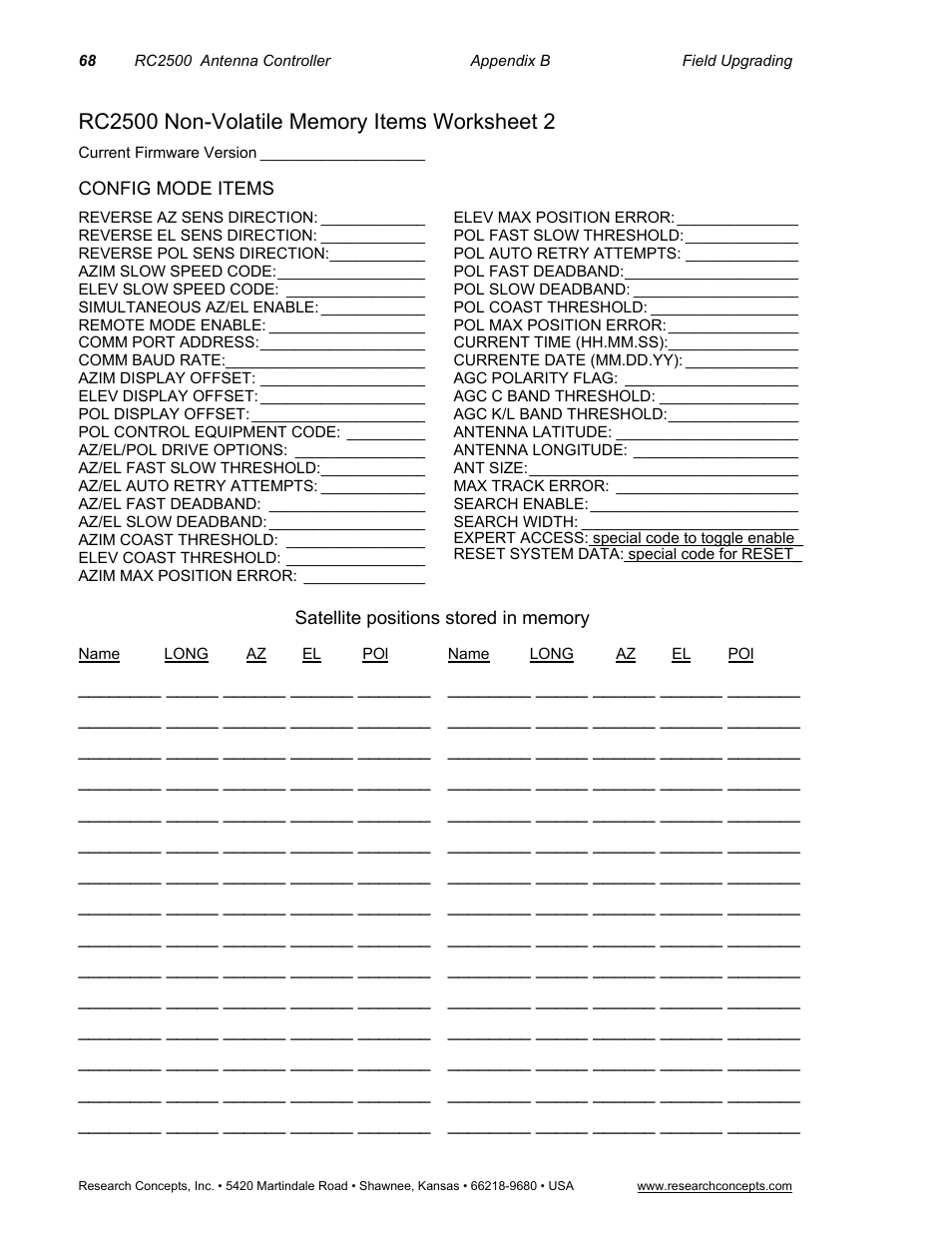 Rc2500 non-volatile memory items worksheet 2, Config mode items, Satellite positions stored in memory | Research Concepts RC2500 User Manual | Page 75 / 181