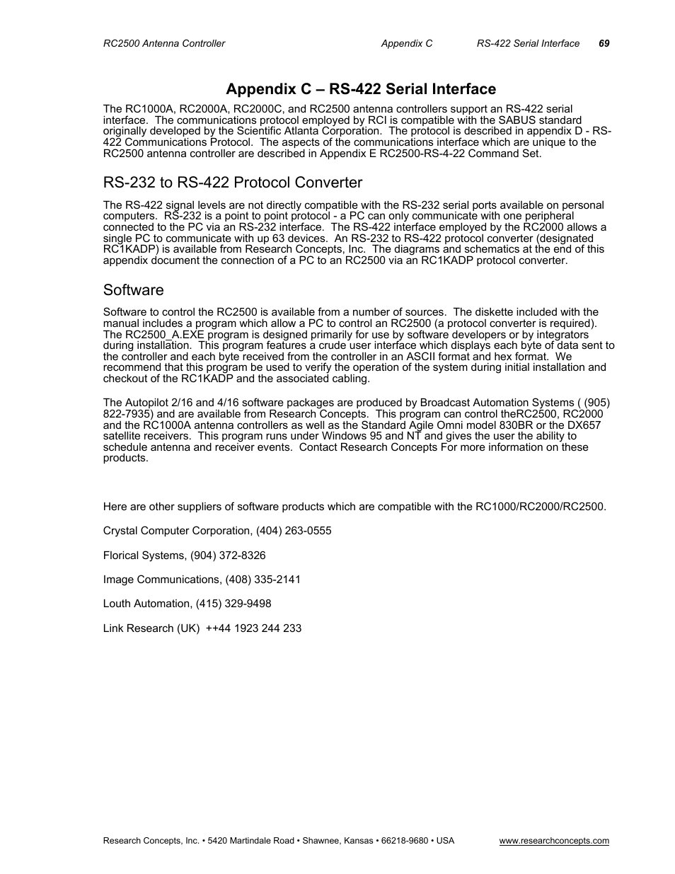 Appendix c – rs-422 serial interface, Rs-232 to rs-422 protocol converter, Software | Research Concepts RC2500 User Manual | Page 76 / 181