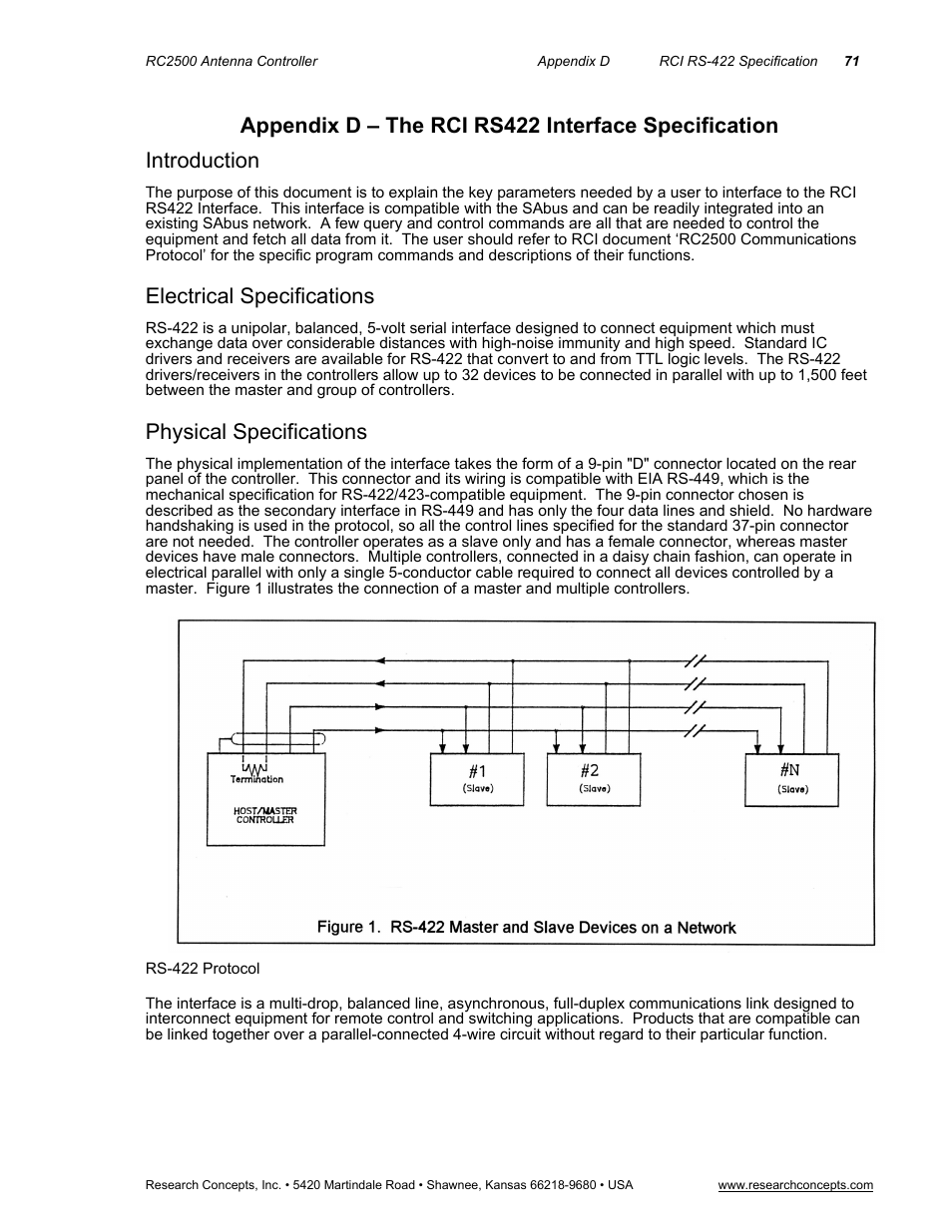 Appendix d – the rci rs422 interface specificatio, Introduction, Electrical specifications | Physical specifications, Appendix d – the rci rs422 interface specification | Research Concepts RC2500 User Manual | Page 78 / 181