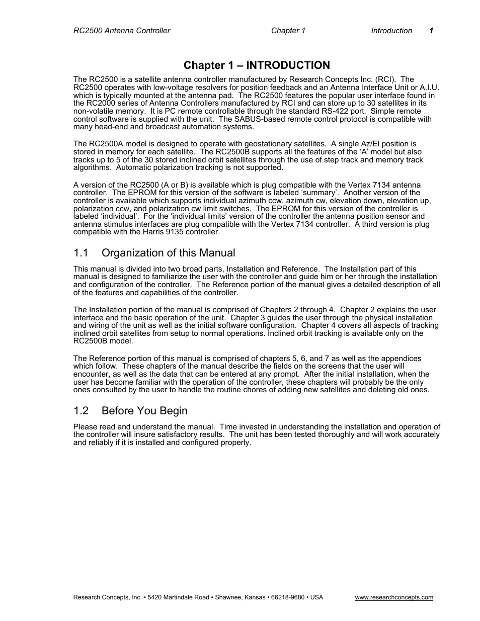 Chapter 1 – introduction, 1 organization of this manual, 2 before you begin | Organization of this manual, Before you begin | Research Concepts RC2500 User Manual | Page 8 / 181