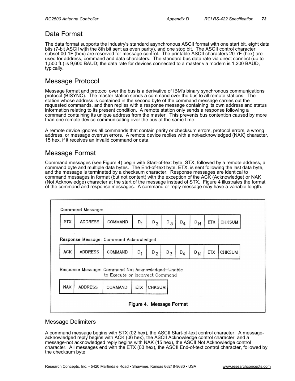 Data format, Message protocol, Message format | Message delimiters | Research Concepts RC2500 User Manual | Page 80 / 181