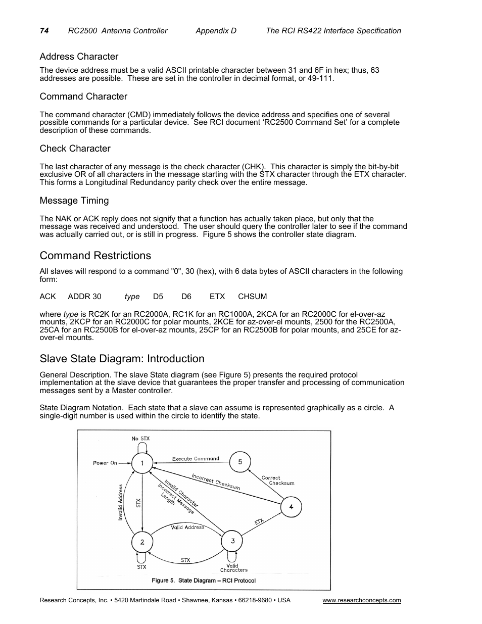 Address character, Command character, Check character | Message timing, Command restrictions, Slave state diagram: introduction | Research Concepts RC2500 User Manual | Page 81 / 181