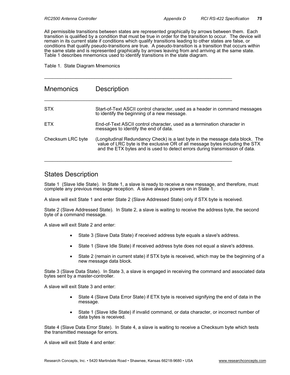 Mnemonics description, States description | Research Concepts RC2500 User Manual | Page 82 / 181