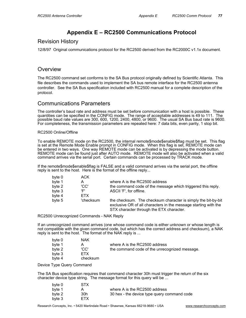 Appendix e – rc2500 communications protocol, Revision history, Overview | Communications parameters | Research Concepts RC2500 User Manual | Page 84 / 181