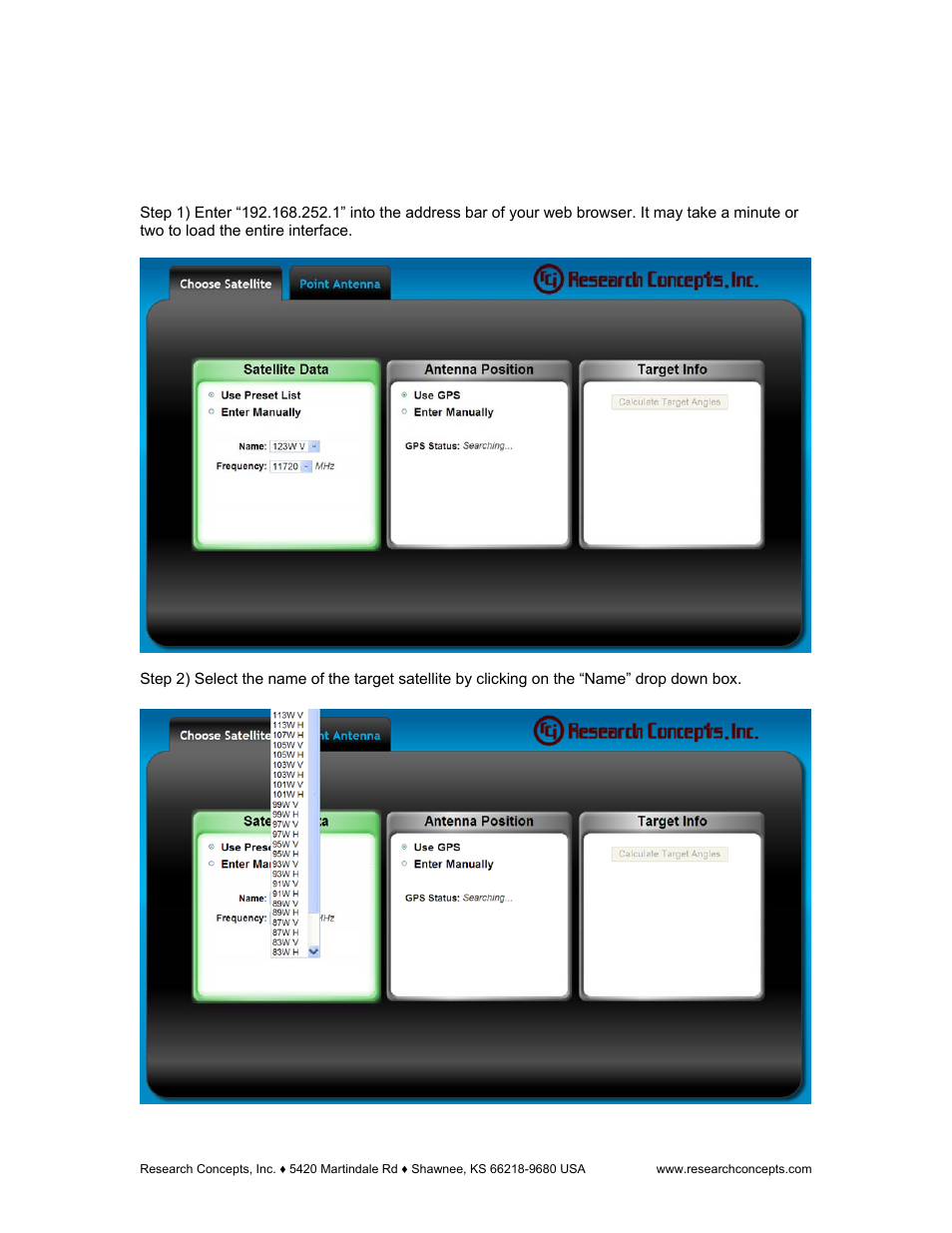 Chapter 3 basic operation, 1 choosing a satellite, Choosing a satellite | Chapter 3 basic operation 3.1 choosing a satellite | Research Concepts RC300 User Manual | Page 11 / 35