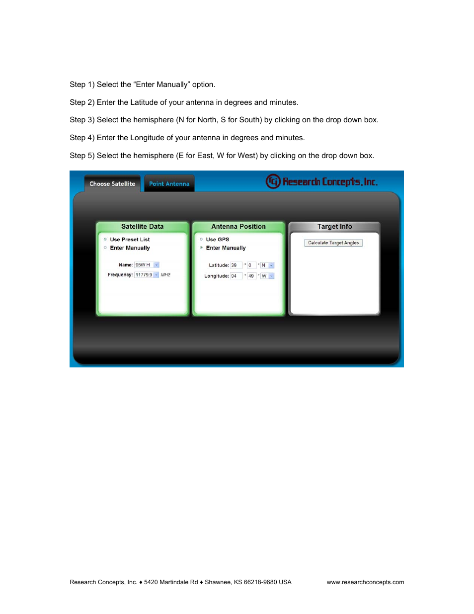 2 enter antenna position manually, Enter antenna position manually | Research Concepts RC300 User Manual | Page 17 / 35