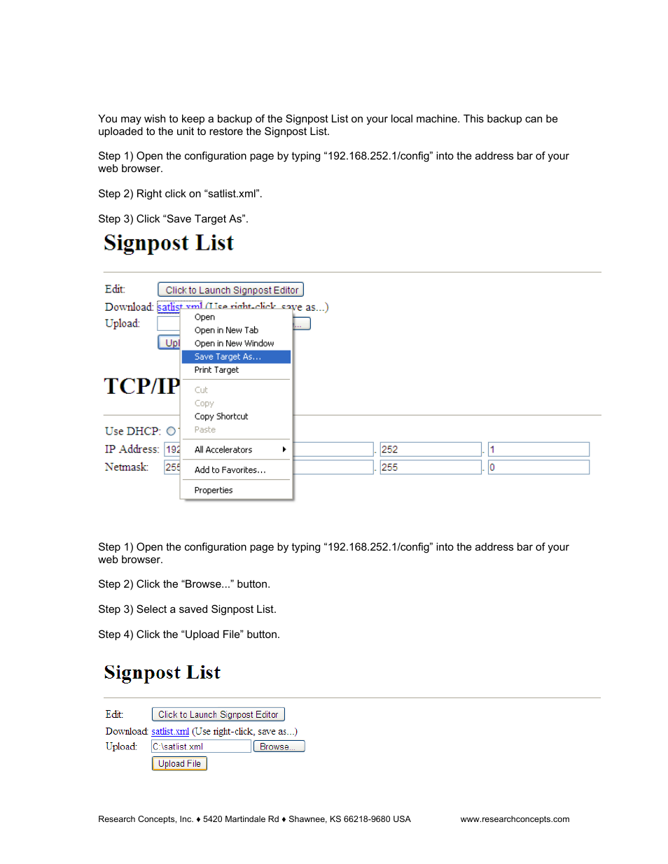 5 saving a backup of the signpost list, 6 uploading a signpost list, Saving a backup of the signpost list | Uploading a signpost list | Research Concepts RC300 User Manual | Page 20 / 35